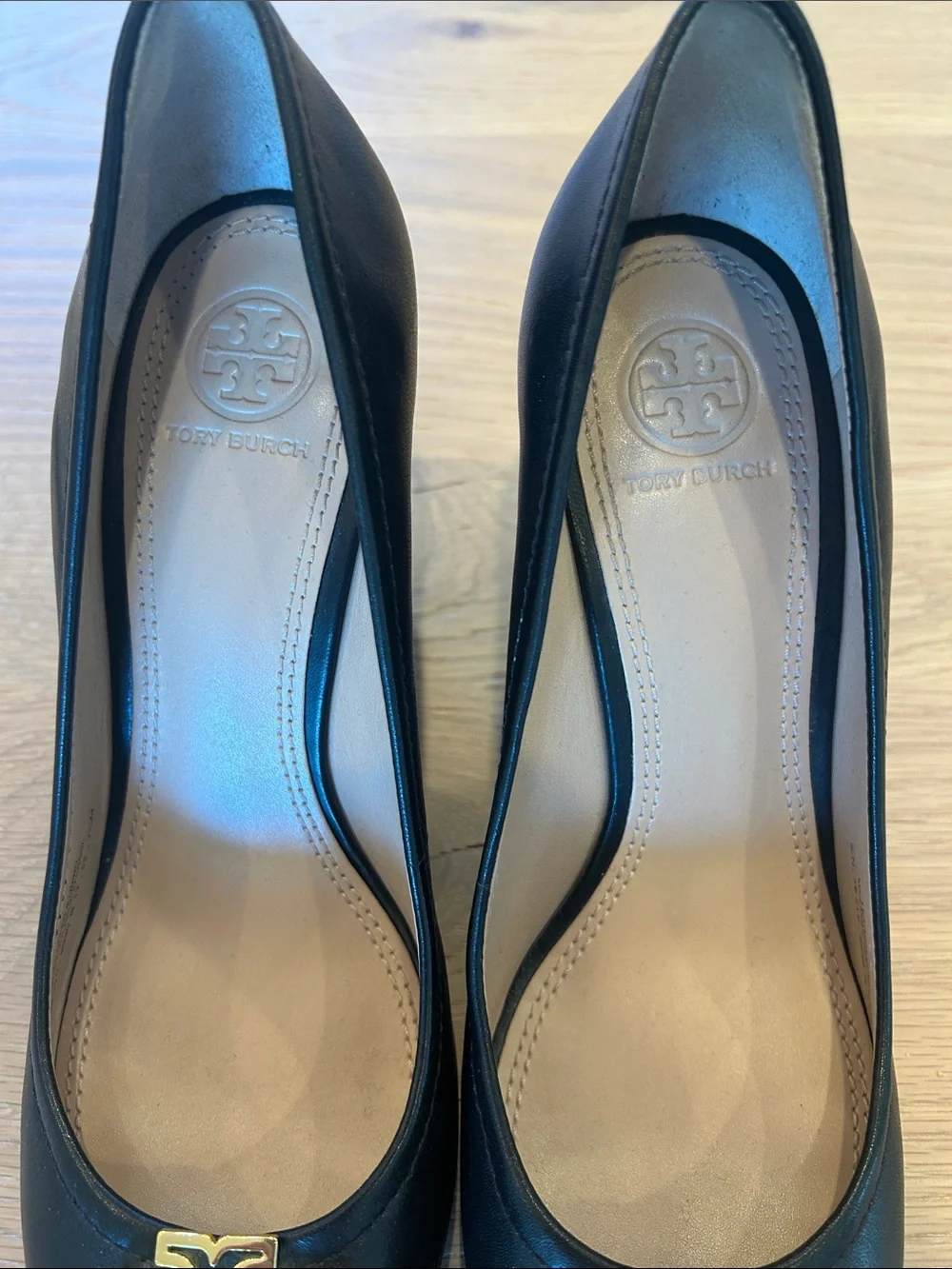 Tory Burch Black Leather Wedge Heels with Gold Logo